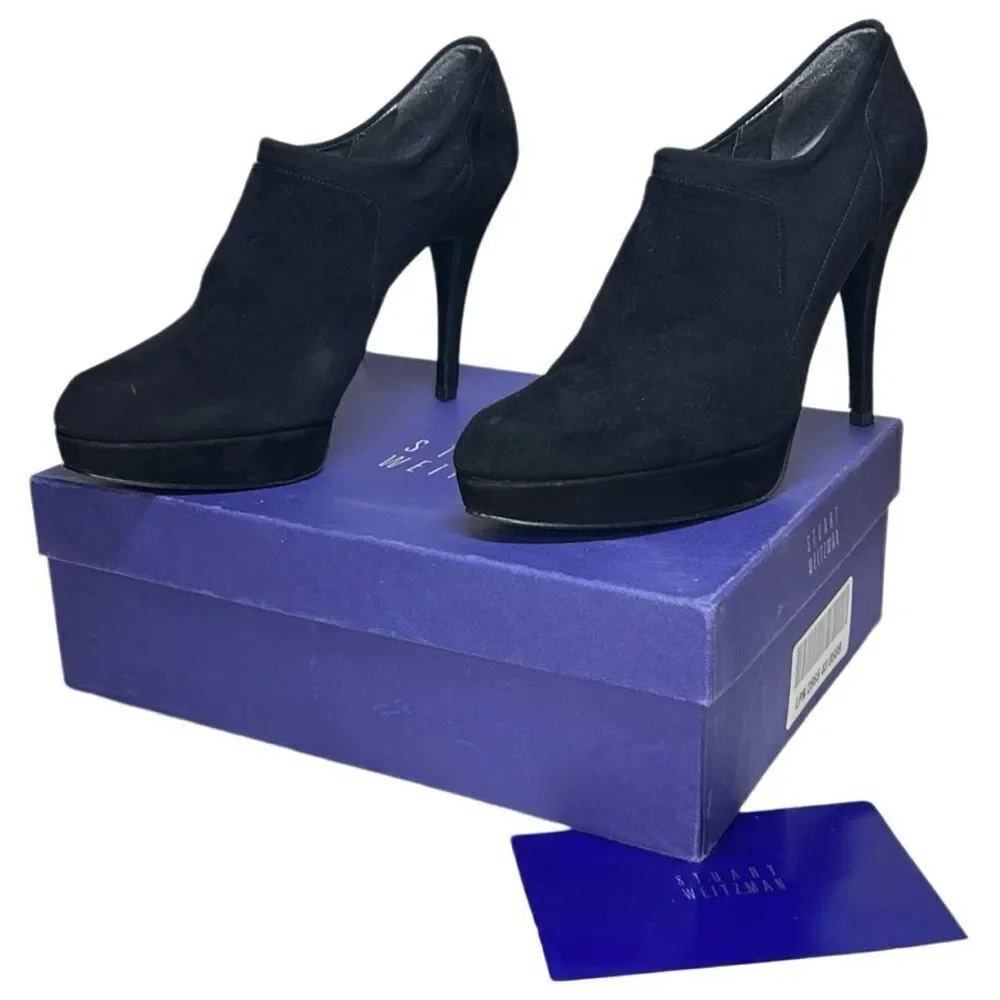 Stuart Weitzman - “Hold Me” Platform Heel Ankle Booties, Suede - Size 9.5 Black